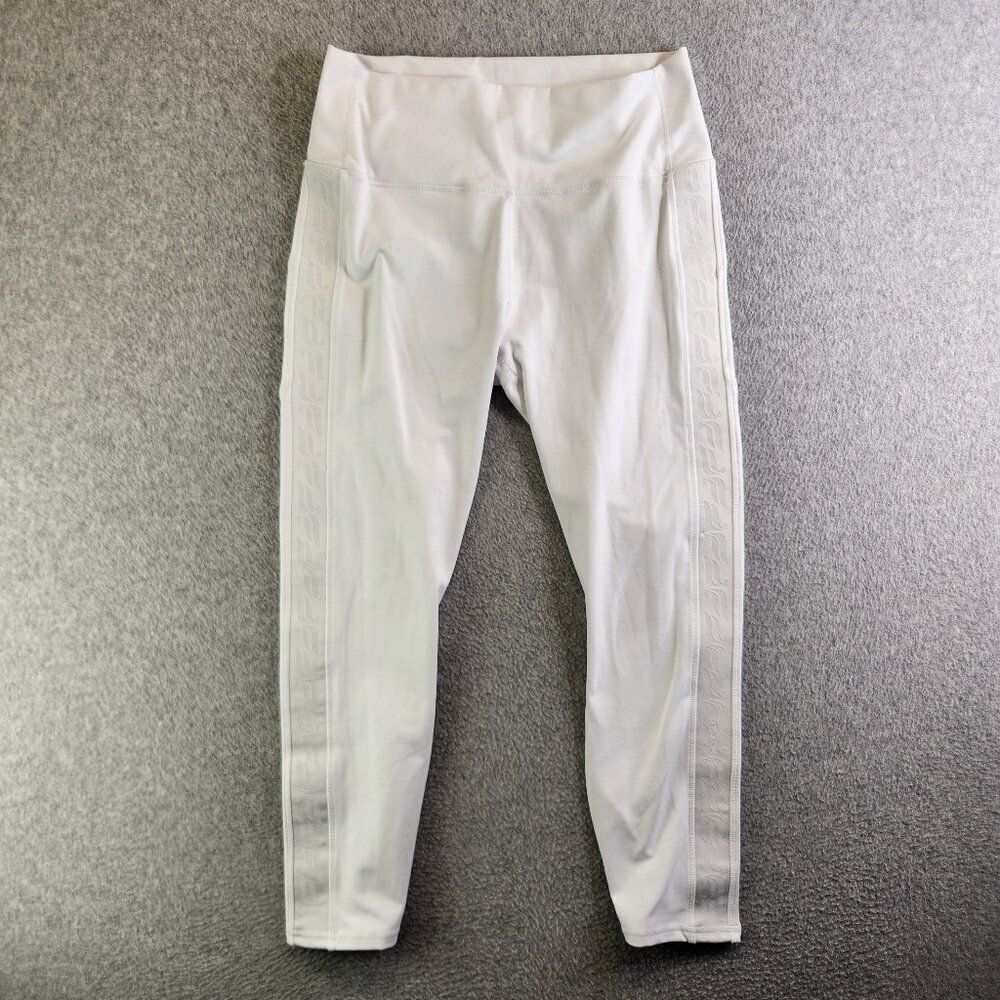 Fabletics Leggings Womens L White Logo Tape 7/8 Cropped Powerhold Hi Waisted